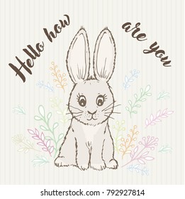 inscription hello like you and doodle rabbit and grass postcard