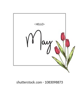 Inscription Hello May on background with hand drawn flowers. Vector illustration.
