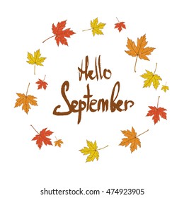 The inscription "Hello September" surrounded by maple leaves. Lettering. Beautiful autumn illustration. 