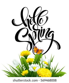 Inscription Hello Spring Hand Lettering on background with flowers. Vector illustration EPS10