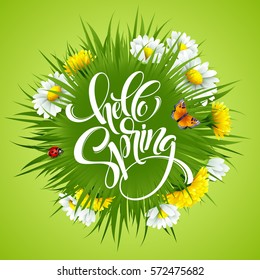 Inscription Hello Spring Hand Lettering on background with flowers. Vector illustration EPS10