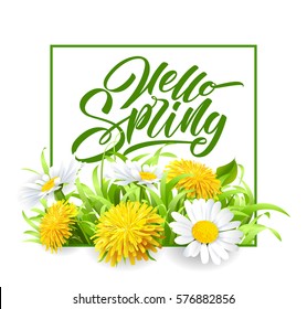 Inscription Hello Spring Hand Lettering on background with flowers. Vector illustration 