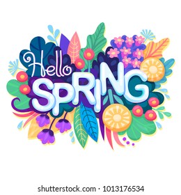 Inscription Hello Spring on background with Colorful Flowers, Leaves and Grass. Floral Banner for Springtime Graphic Design. Blossoming Bouquet. Vector illustration.