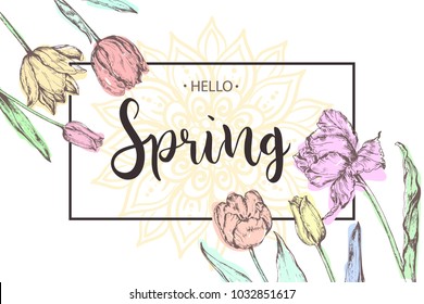 Inscription Hello Spring on background with hand drawn flowers. Vector illustration.
