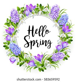 Inscription Hello Spring on background with spring flowers.