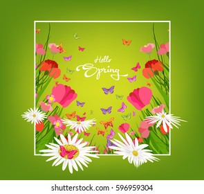 Inscription Hello Spring on background with spring flowers and butterflies