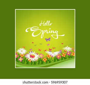 Inscription Hello Spring on background with spring flowers and butterflies