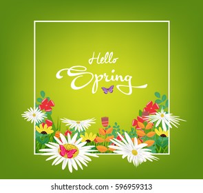 Inscription Hello Spring on background with spring flowers and butterflies