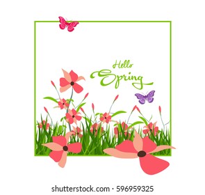 Inscription Hello Spring on background with spring flowers and butterflies