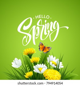 Inscription Hello Spring on background with spring flowers. Vector illustration EPS10