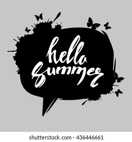 Inscription Hello Summer, blots and flying butterflies, illustration.