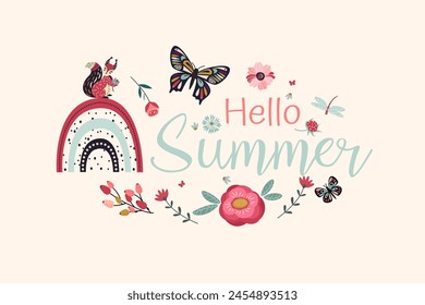 Inscription hello summer. In doodle folk art style. Animals and plants, isolate on a white background, hand drawing. Vector illustration.