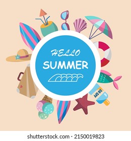 La inscripción saluda el verano en un marco de elementos sobre el tema de las vacaciones. ilustración vectorial