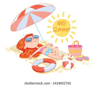 Inscription Hello Summer. Postcard template with redhead girl lying on beach and sunbathing. Girl relaxing at seaside resort. Funny cartoon character. Vector illustration. Isolated on white background