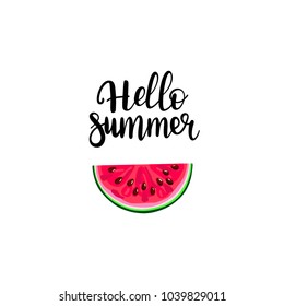 inscription Hello summer and watermelon slice, vector, lettering