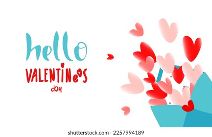 Inscription "hello Valentine's Day" with envelope filled with red and pink hearts on white rectangular banner.