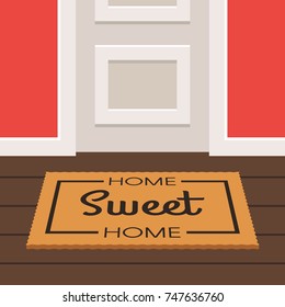 The inscription home Sweet Home on the Mat doormat before a door. Vector illustration in trendy flat style