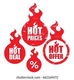 Inscription - hot price and deal in a fire circle. A fireball template of a sign and a sticker. Rubber stamp and grunge style. Vector illustration.