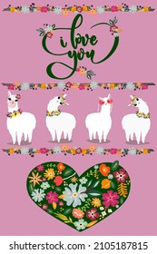 The inscription "I love you". Lilac background with flowers and hearts. A set of white llamas. Alpaca family. Greeting card, Valentine's Day. A heart of flowers, a bouquet.