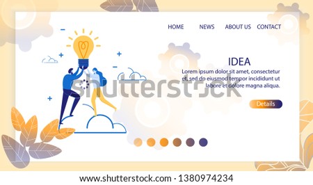 Inscription Idea, Vector Illustration Landing Page.  Man and Woman are Standing Cloud Holding an Incandescent Lamp. Presentation Organization Successful Education. Motivation and Development.