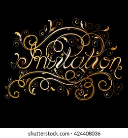 inscription invitation with monograms, floral ornaments, patterns, gold letters, golden patterns.