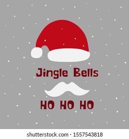 Inscription jingle bells and ho ho ho. Santa Claus hat and mustache, snow on a gray background. New Year Card. Vector illustration