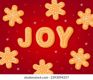 The inscription "Joy" on a red background. New Year's gingerbread cookies in the form of letters ant snowflakes. Homemade Christmas cookies with sweet sugar icing. New year party flyer, banner