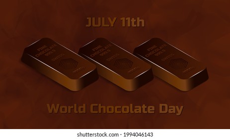 Inscription July 11th World Chocolate Day. 3d Festive Brown Poster With Swiss Fine Chocolate 1000 Gram Bars