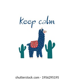 The inscription keep calm and Sweet Lama personifies calmness and harmony. Vector illustration on white background. 