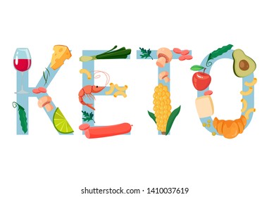 The Inscription Keto Diet Lined With Food. Vector Illustration In Cartoon Style. Logo For Weight Loss And Healthy Nutrition.