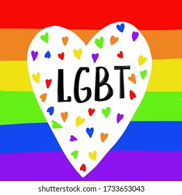 The inscription LGBT on the background of a multi-colored flag and heart.  Vector illustration on white background. For cards, posters, decor, t shirt design, logo.
