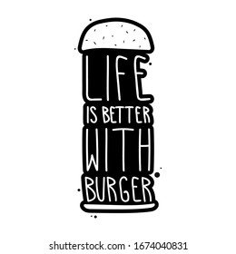 The inscription - life is better with burger. It can be used for sticker, patch, phone case, poster, t-shirt, mug etc.