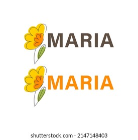 logotipo de inscripción para el nombre María con una flor amarilla, para una marca personal, boutique, cafe, logo para un negocio de mujeres, empresa, para un niño