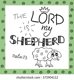 The inscription the Lord is my shepherd, near the sheep. Biblical background. Christian poster. Psalm 23. Sunday school. Children s Ministry.