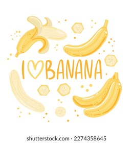 The inscription i love banana. A collection of different types of banana. Ingredients for cooking. Vegan print. Vector hand-drawn illustration. Frame with fruits.