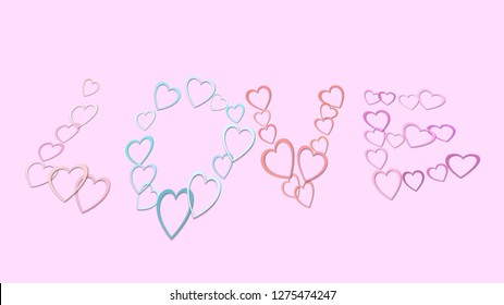 The inscription love from beautiful abstract holiday hearts of different colors from colored paper for Happy Valentine's Day on a pink background and copy space. Vector illustration.