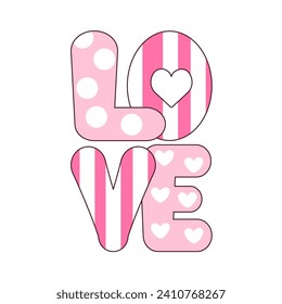 The inscription "Love" in cartoon style on a white background. Funny letters for Valentine's day with polka dots and stripes. The text is in pink