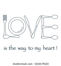 Inscription LOVE from cutlery. Design for banner, poster or print. Greeting card Valentine's Day.