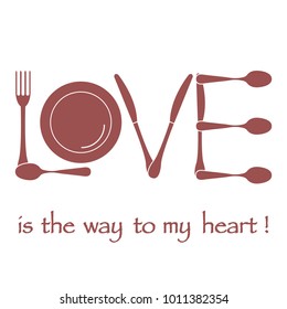 Inscription LOVE from cutlery. Design for banner, poster or print. Greeting card Valentine's Day.