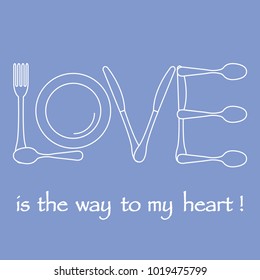Inscription LOVE from cutlery. Design for banner, poster or print. Greeting card Valentine's Day.