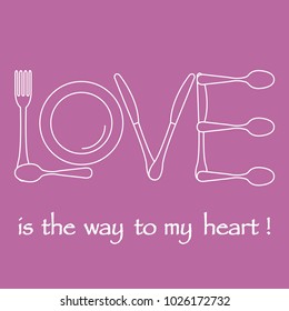 Inscription LOVE from cutlery. Design for banner, poster or print. Greeting card Valentine's Day.