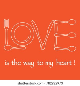 Inscription LOVE from cutlery. Design for banner, poster or print. Greeting card Valentine's Day.