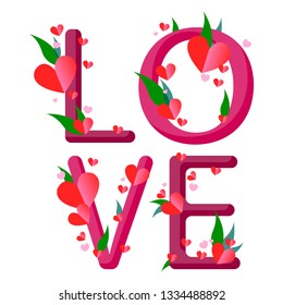 The inscription love is decorated with hearts and plants. Wedding invitation. Vector illustration in cartoon style.