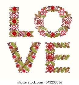 Inscription love of embroidered flowers, folk ornamental lettering. Cross stitch pattern for clothing, elements of folk embroidery, vector ornament.