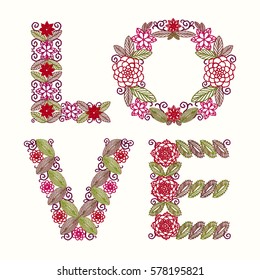 Inscription love of embroidered flowers, folk ornamental lettering. Cross stitch pattern for clothing, elements of folk embroidery, vector ornament.