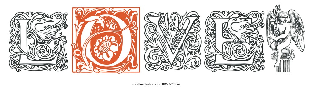 The inscription Love in the form of ornate vintage letters and hand-drawn angel on the black background. Suitable for design t-shirts, cards, Valentines, wedding. Vector lettering stylized text