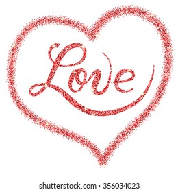 inscription love with the heart red of shiny sequins and glitter