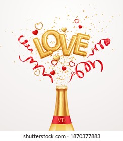 Inscription love helium balloons on a background of golden confetti and red swirling streamer ribbons flying out of a bottle of champagne. Happy valentines day festive background. Vector illustration 