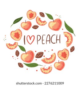 The inscription i love peach. A collection of different types of peach. Ingredients for cooking. Vegan print. Vector hand-drawn illustration. Frame with fruits.