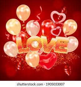 Inscription Love with realistic air balloons, hearts, shining swirling streamers. Holiday design for Valentines day, wedding, party. Vector greeting card, invitation, banner